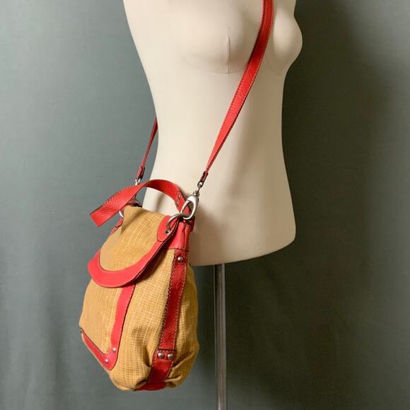 FOSSIL Red Leather Strap Tan Straw Woven Handbag Versatile - Picture 2 of 15